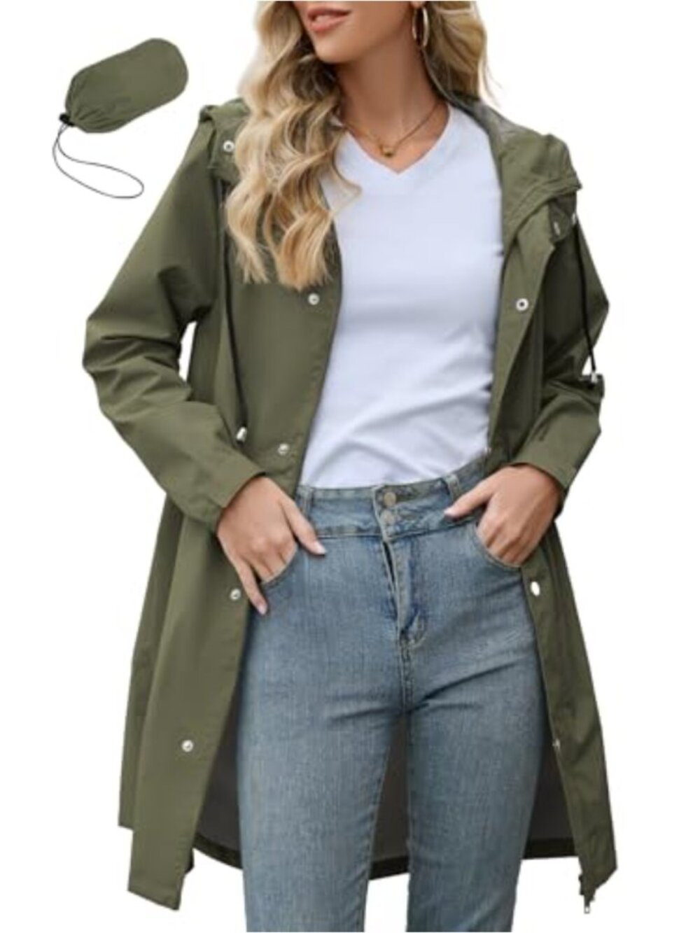 Women Rain Jacket Long Waterproof Hooded Packable Windbreaker Trench Coat